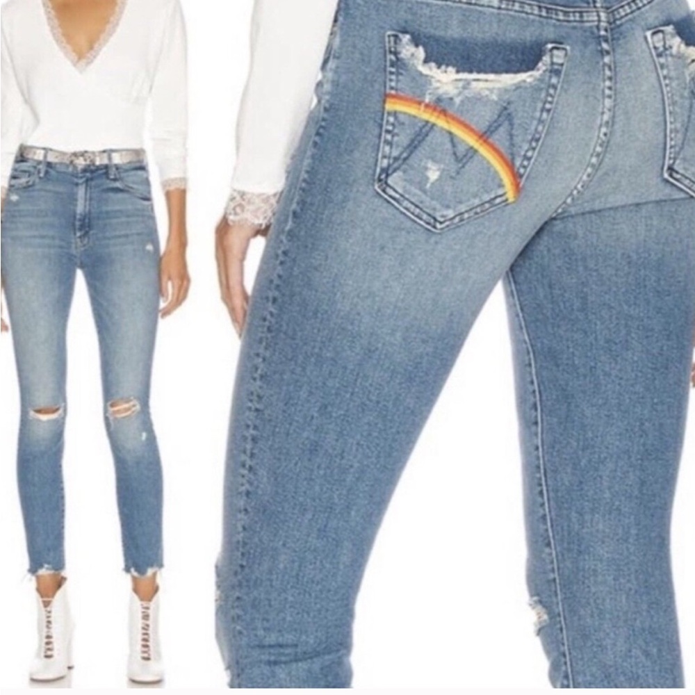 MOTHER Blue Skinny Jeans with Rainbow Embroidery